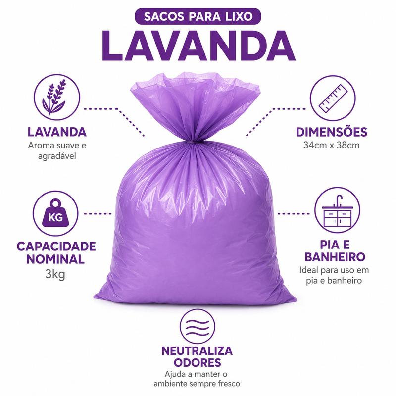 Saco de Lixo Lavanda Perfumado 34x38cm 3kg para Pia e Banheiro Neutraliza Odores Kit 40 ou 160 Sacos