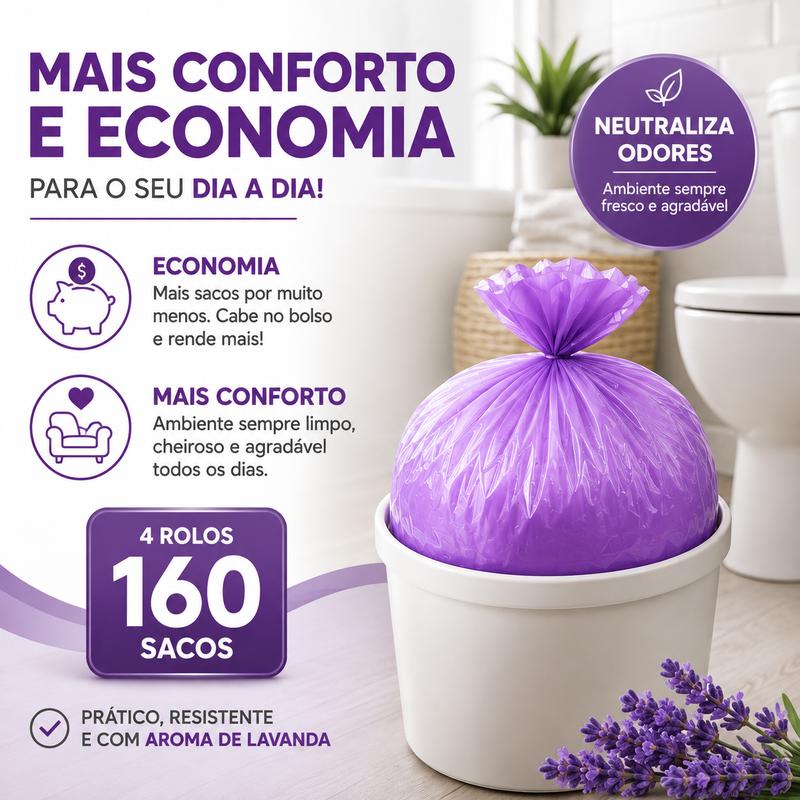 Saco de Lixo Lavanda Perfumado 34x38cm 3kg para Pia e Banheiro Neutraliza Odores Kit 40 ou 160 Sacos