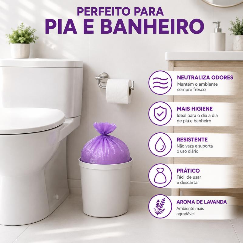 Saco de Lixo Lavanda Perfumado 34x38cm 3kg para Pia e Banheiro Neutraliza Odores Kit 40 ou 160 Sacos