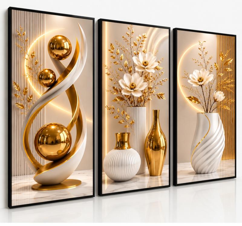 Kit com 3 Quadros Decorativos - Abstrato Geométrico Dourado, Com Moldura - AvexaKit com 3 Quadros Decorativos - Abstrato Geométrico Dourado, Com MolduraAvexa