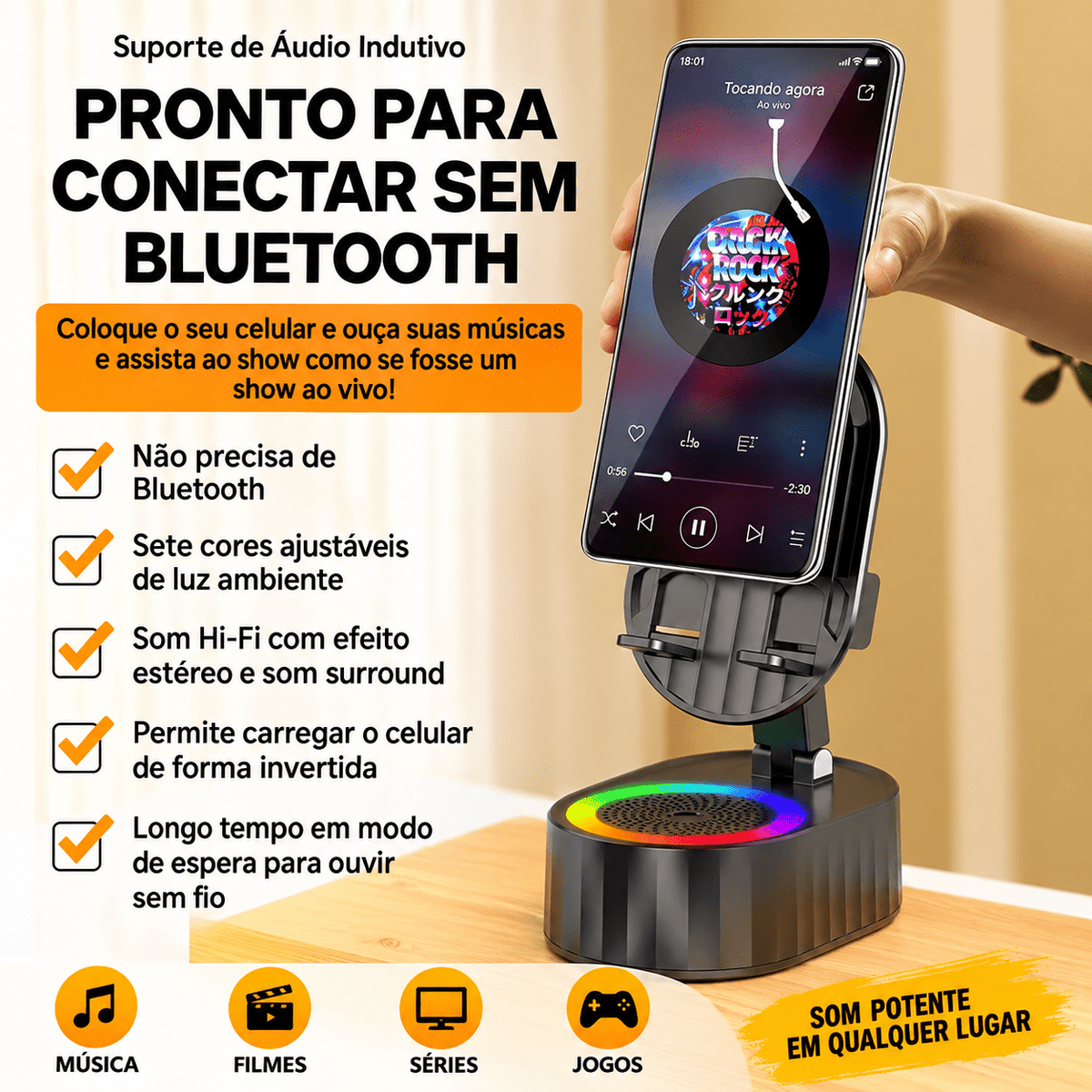 🔥 OFERTA POR TEMPO LIMITADO | Suporte Multifuncional com Alto-falante Bluetooth, Indução e Luz RGB - Avexa🔥 OFERTA POR TEMPO LIMITADO | Suporte Multifuncional com Alto-falante Bluetooth, Indução e Luz RGBAvexa