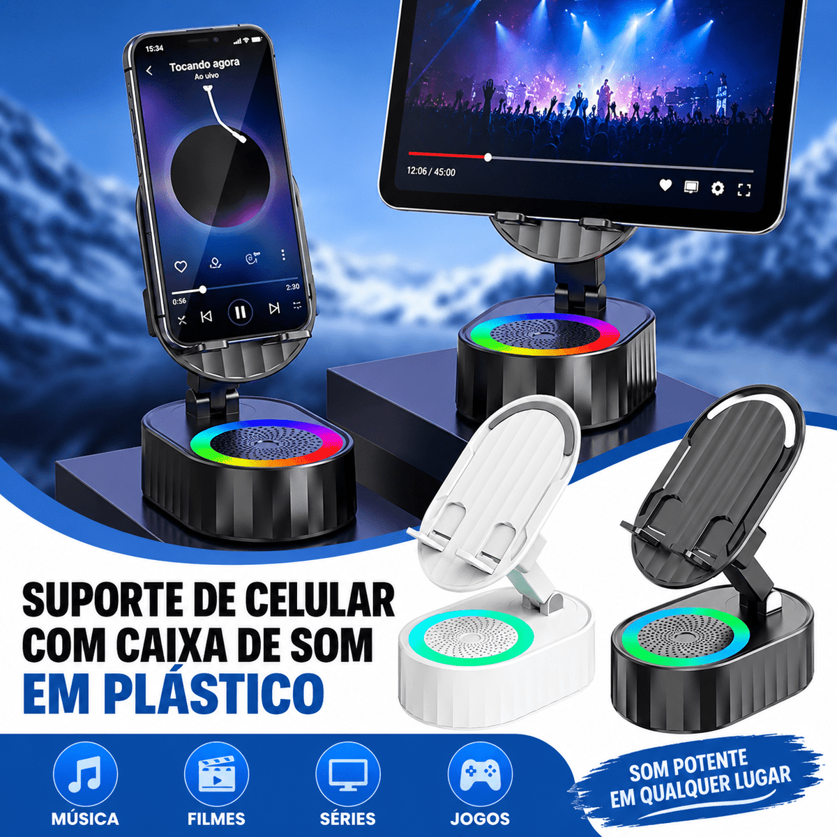 🔥 OFERTA POR TEMPO LIMITADO | Suporte Multifuncional com Alto-falante Bluetooth, Indução e Luz RGB - Avexa🔥 OFERTA POR TEMPO LIMITADO | Suporte Multifuncional com Alto-falante Bluetooth, Indução e Luz RGBAvexa